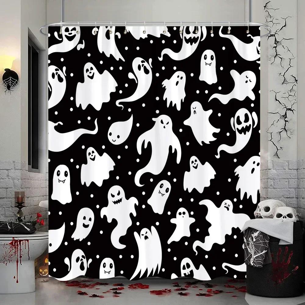 Läskig Halloween-duschdraperi, Vattentätt tyg med Spökhus, Döskallar, Skelett & Spöken för Festlig Badrumsinredning