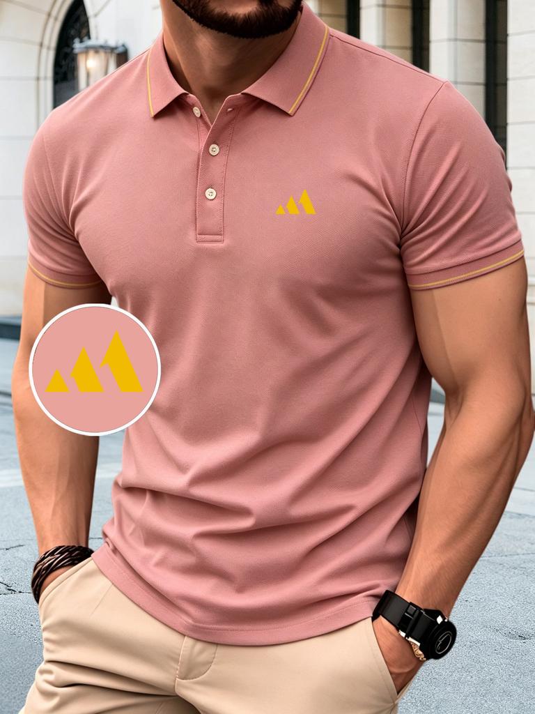 Men's Collared Polo Shirt with Peaks Graphic Print, Summer Versatile Golf Shirts for Outdoor Casual Sports