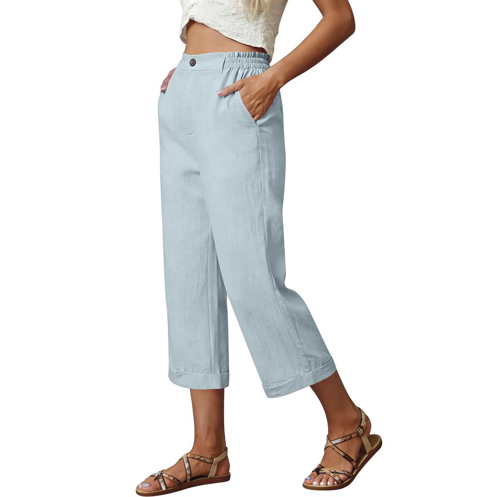 Women’s Wide Leg Cropped Pants High Waist Linen Blend Trousers with Side Pockets Relaxed Fit for Everyday Wear