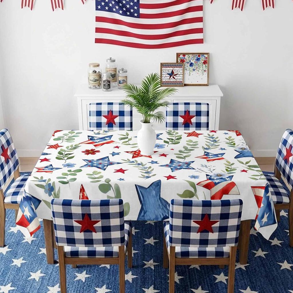 4th of July Independence Day Stars Print Tablecloth for Table Decor Washable Eucalyptus Leaf Floral Table Cloth Party Decoration