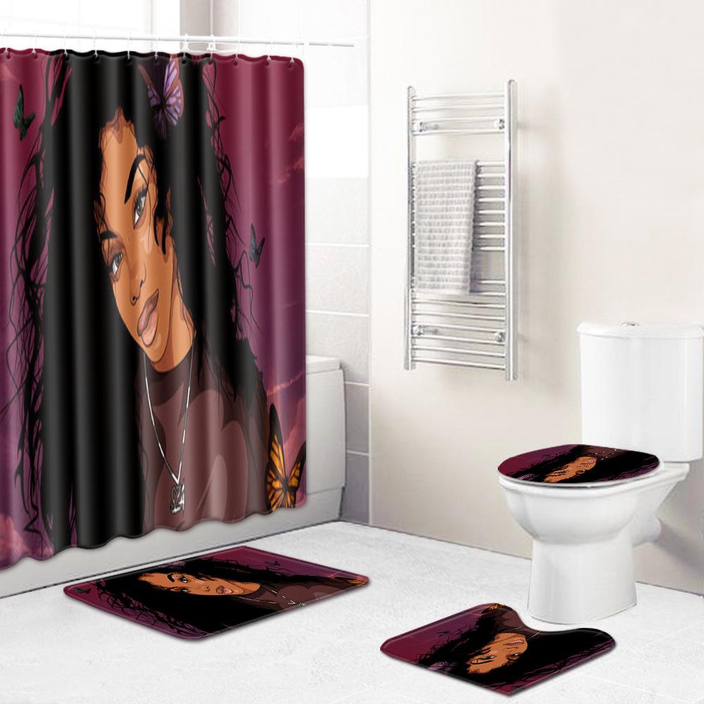 Creative Shower Curtain Floor Mat Combination Four-Piece Set Bathroom Toilet Carpet Shower Room Mat Foot Mat