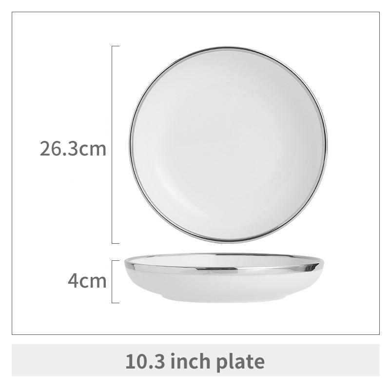 White Silver Edge Porcelain Dinner Plate Ceramic Salad Soup Bowl Pasta Steak Plate Dining Room Home Kitchen Tableware Decoration