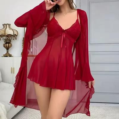 Sexy Lingerie Große Größe 200 Pfund Übergewichtige Dame Sexy Schlafanzug-Set mit Strumpfhaltern Durchsichtiger Nachthemd mit Spitzenbesatz