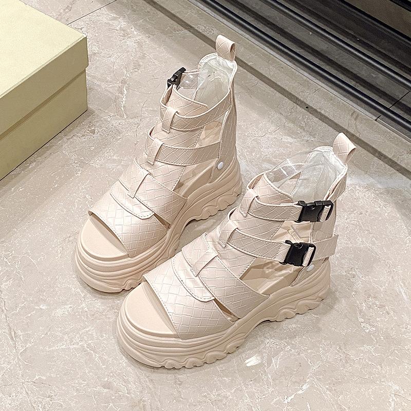 

2025 лето увеличение роста римские сандалии женские уличные модные повседневные на платформе толстой подошве сандалии с высоким верхом на высоком каблуке с открытым носком крутые ботинки 39