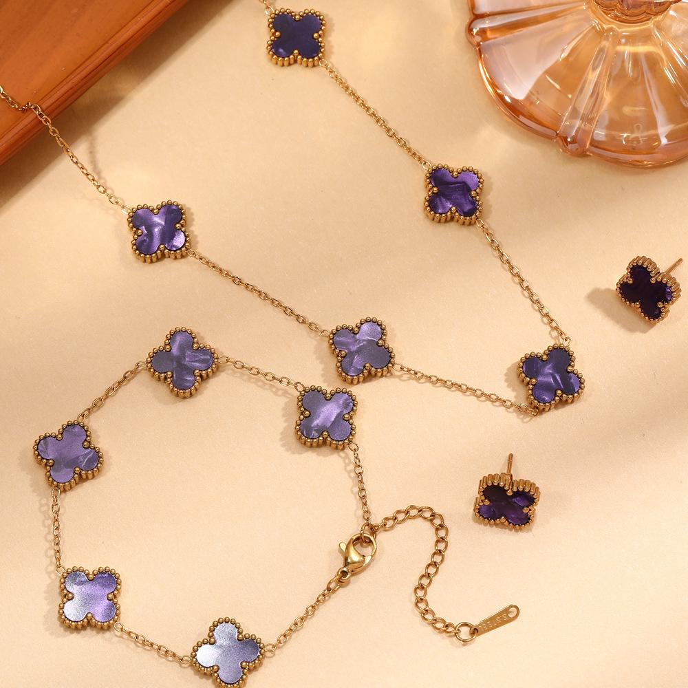 

3 шт. титановая сталь не выцветает двухсторонний клевер набор ожерелье женская мода темперамент ключица цепочка браслет комплект серег