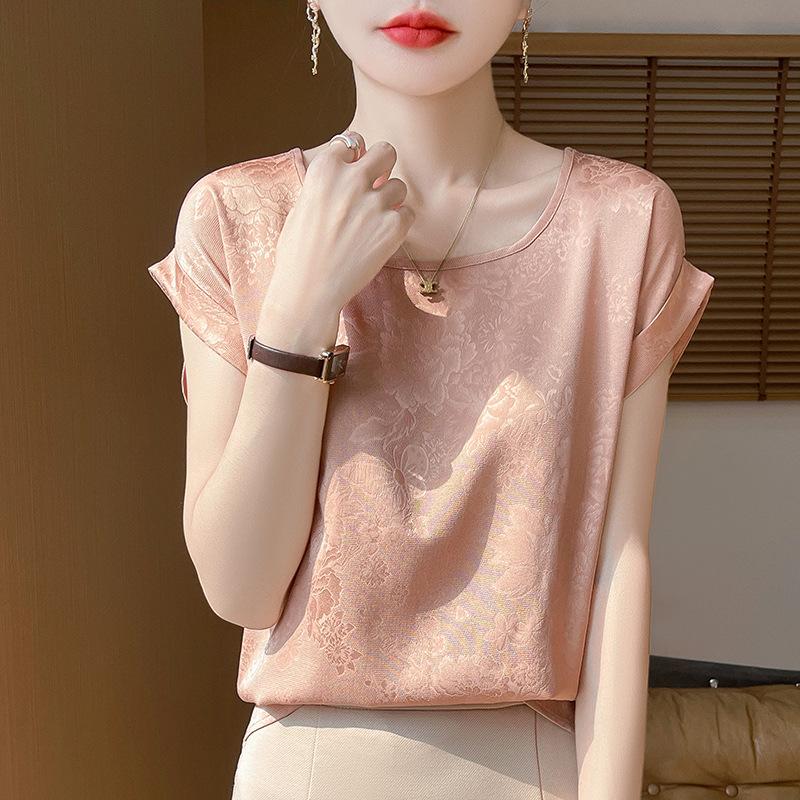 Women's Summer New Style Round Collar Temperament Dark Flower Short Sleeve All Match Short Section Top