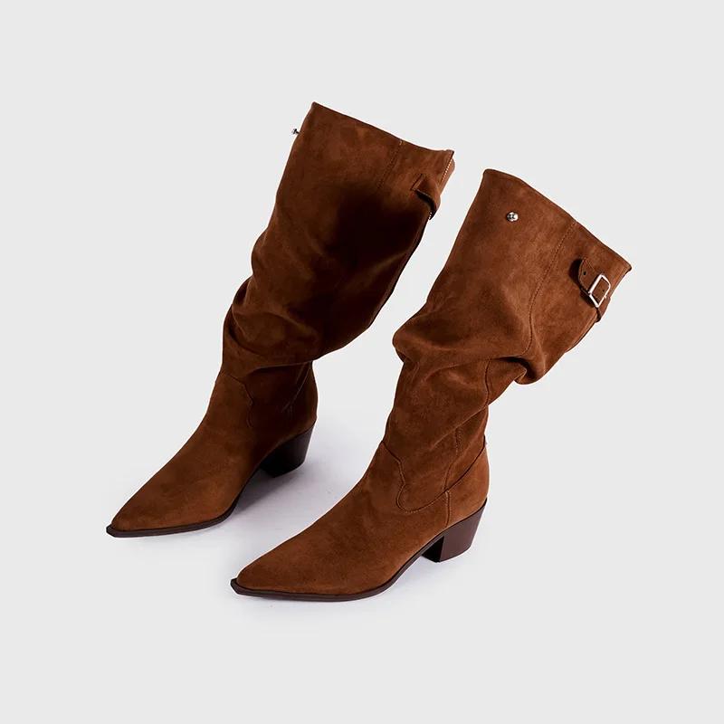 Fashion Personalized Design Back Zipper Pointed Low Heel Lazy Pleated Boots European American Retro Western Cowboy Thick Heeled Boots