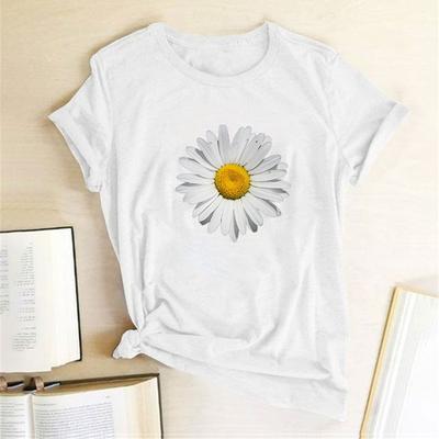 Zomer Rond Hals Madeliefjespatroon Bedrukt Top Modieus Casual Puur Katoen Korte Mouwen Dames T-shirts