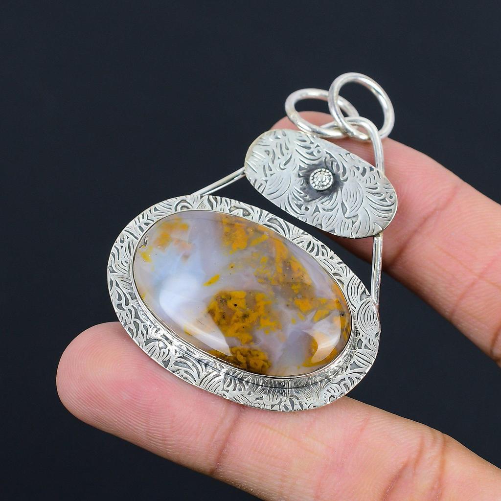 Oval Plume Agate Gemstone 925 Silver Birthday Mother Handmade Trendy New Pendant