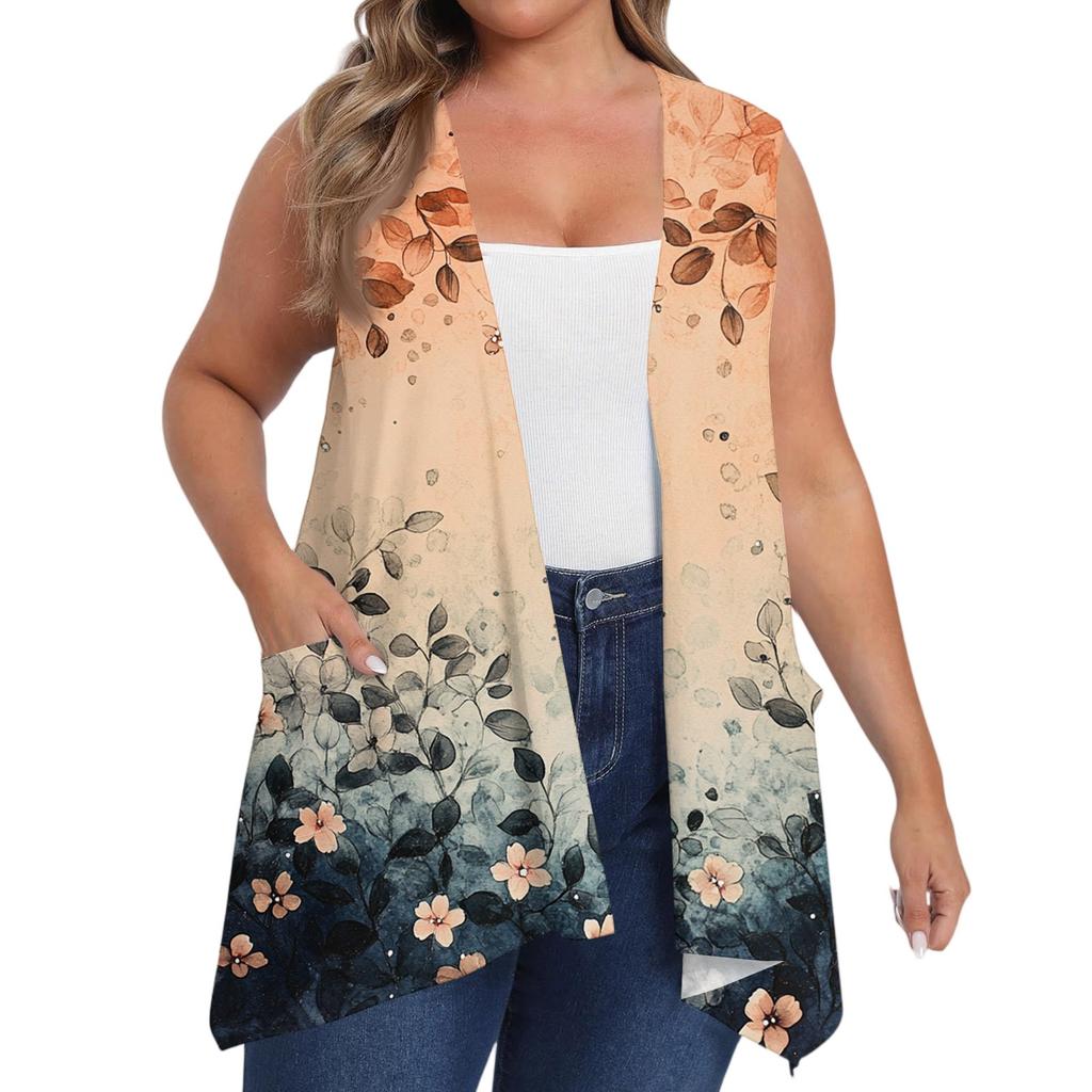 Women's Oversized Loose Casual Printed Sleeveless Vest With Pocket Cardigan Jacket Cardigan Jacket