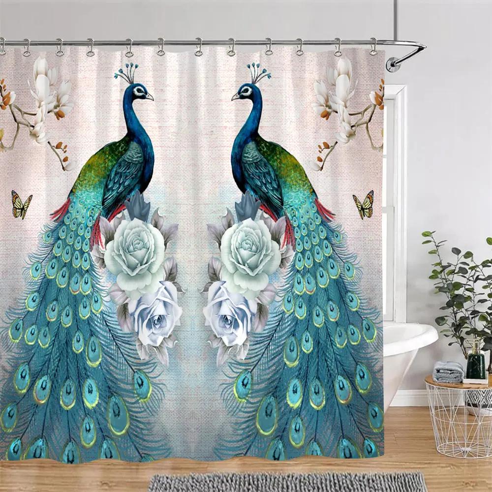 Vintage Peacock Shower Curtain Beautiful Turquoise Blue Peacock Floral Polyester Fabric Shower Curtain Bathroom Decor with Hooks