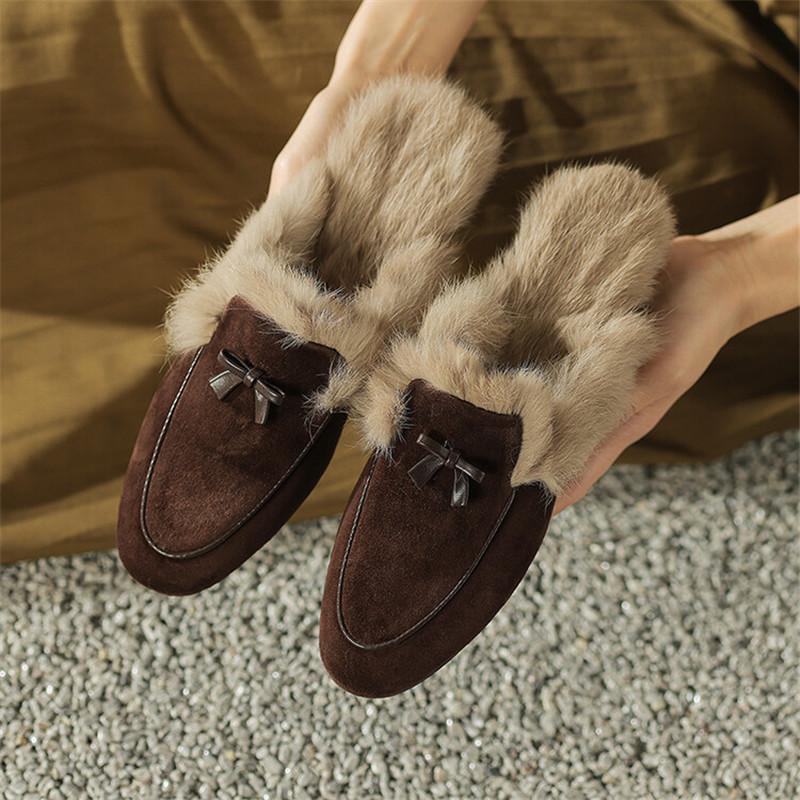 Fashion 2025 Winter Sheep Suede Women Shoes Rabbit Hair Mules Shoes for Women Round Toe Slippers Chunky Heel Cover Toe Slippers Shoes