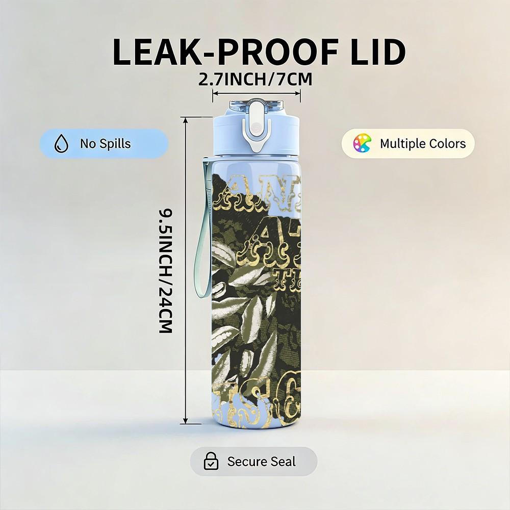 1PC Black Complex Pattern 750ml Sports Water Bottle Leakproof Straw Lid Outdoor Office Home
