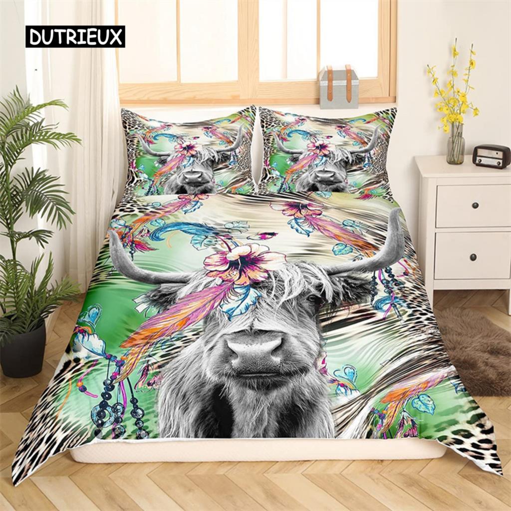 Bettbezug mit Highland-Kuh-Motiv, Western-Bettwäscheset mit Bauernhoftieren, King-Size-Bett, für Jungen und Mädchen, Mikrofaser, Blumenmuster, Bullen- und Rinder-Bettbezug