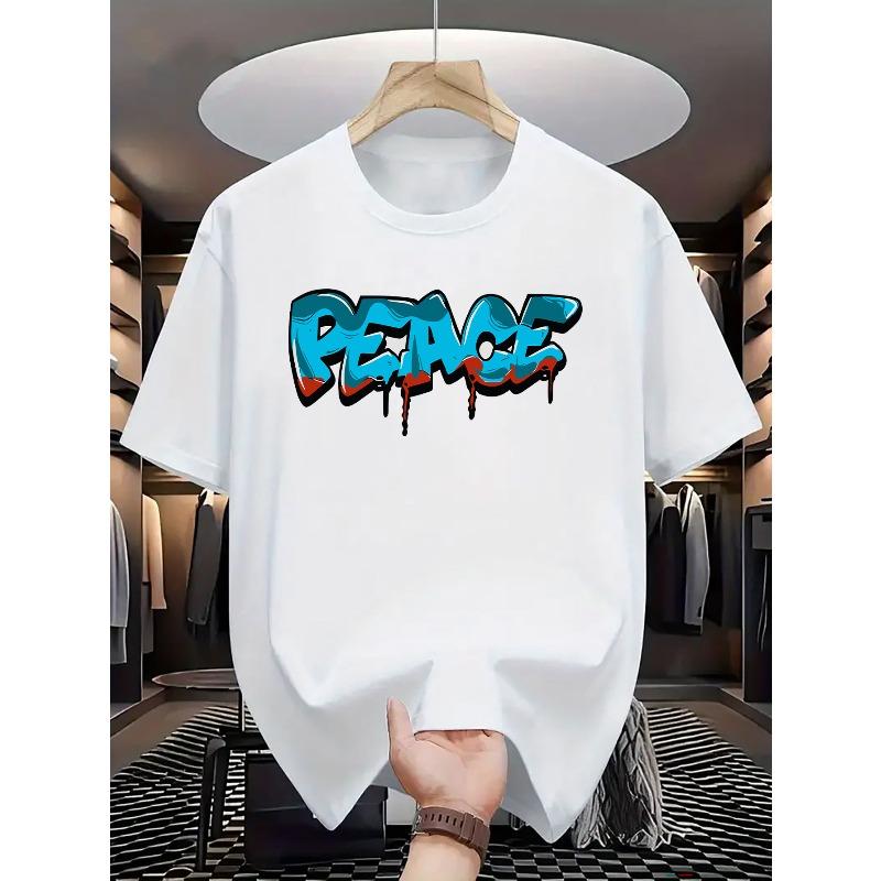 Men s PEACE Sign Graphic T-Shirt - Bold Graffiti Lettering & Iconic PEACE Sign Print, Casual Round Neck Short Sleeve Tee for Vacation, Daily Wear S белый