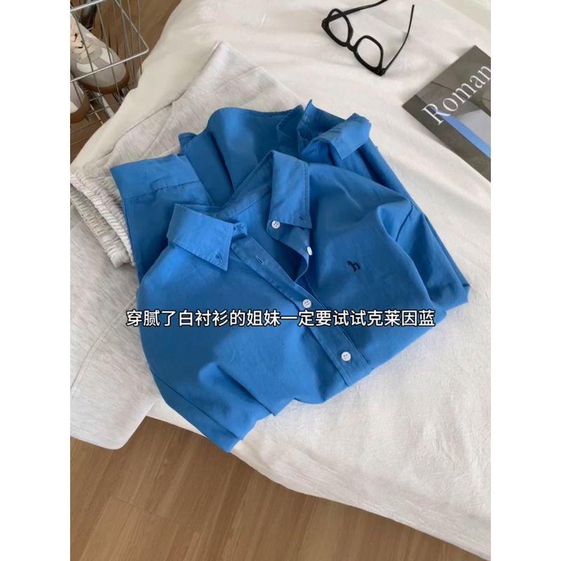 2026 Spring New Style High-End Stylish Embroidered Embellished Loose Shirt for Women Simple Blue Casual Shirt Blue S