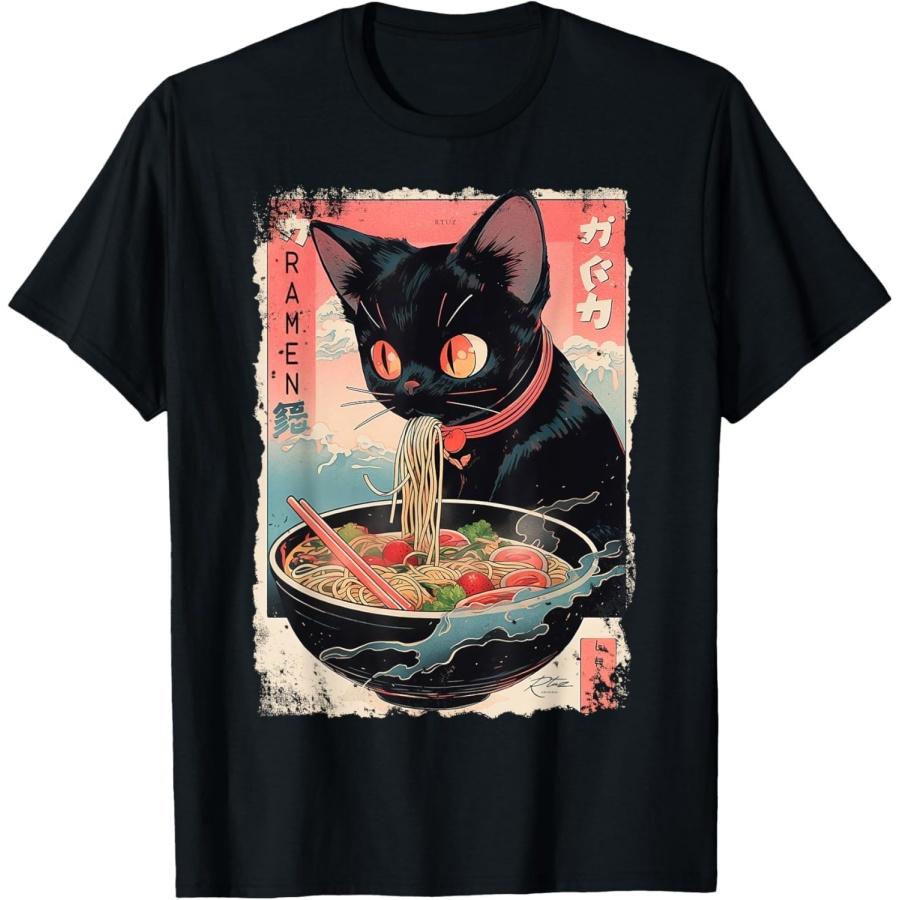 Gololl Cat T-Shirt Anime Manga Kawaii Cat Eating Ramen T-Shirt Funny Graphic Tee Novelty Tshirt for Men Women S