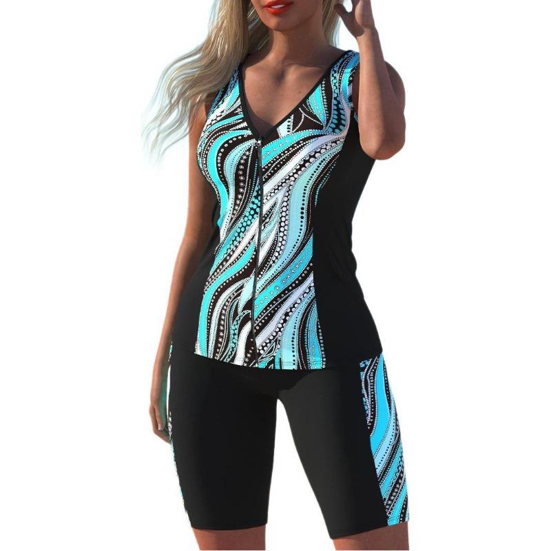 Nuevo Traje de Baño de Dos Piezas para Mujer con Tirantes Dobles Europeos y Americanos, Talla Grande, Estampado Dividido, Secado Rápido, Tipo Dividido para Nadar