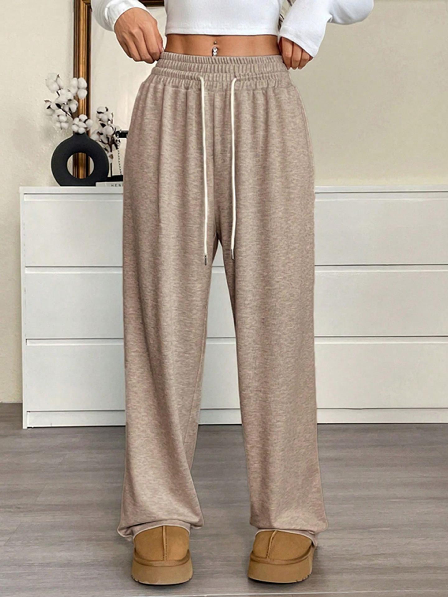 women s Solid Color Drawstring High Waist Wide Leg Pants Casual Loose Straight Leg Trousers S хаки