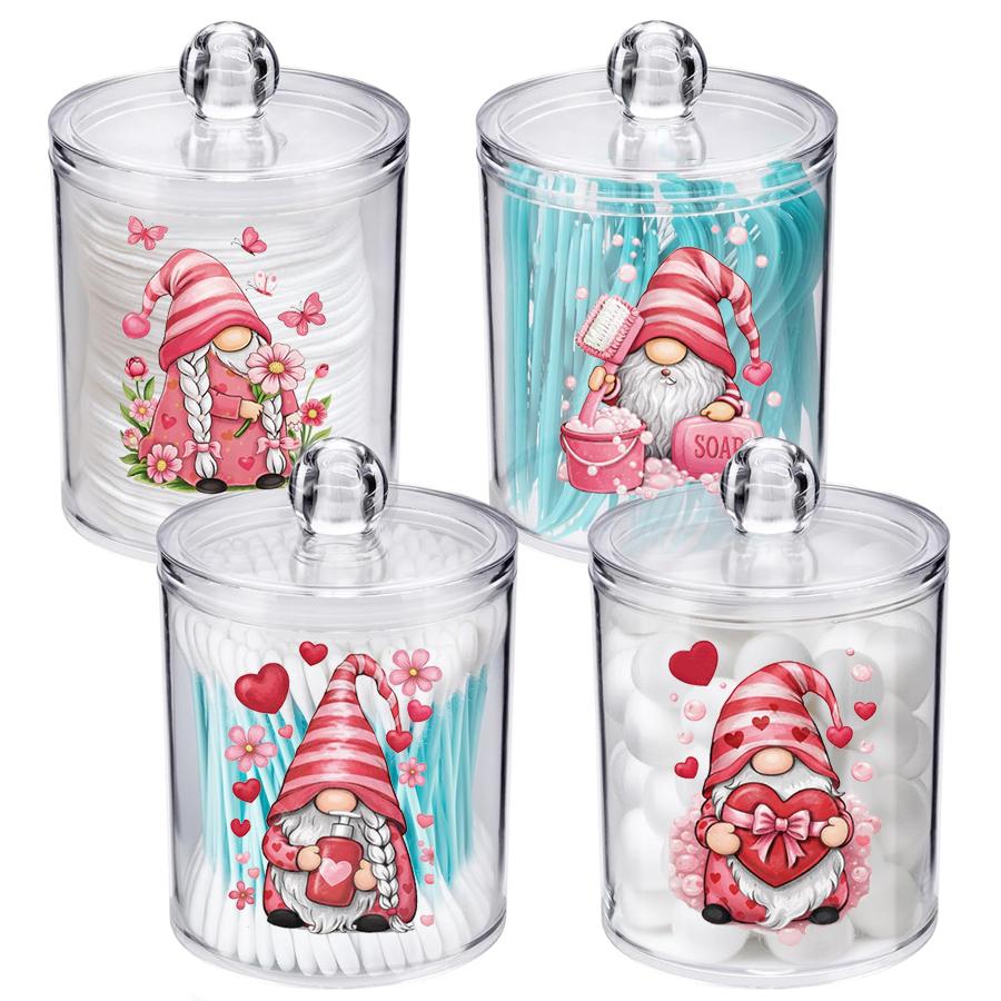 

4 Pack Valentine s Day Clear Storage Box Qtip Holder, Plastic Apothecary Jar Bathroom Organizer Canister Vanity with Lids