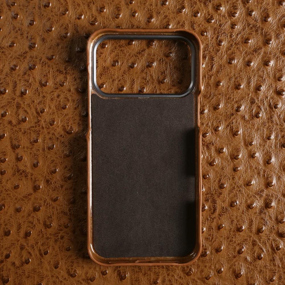 Genuine Ostrich Grain Leather Case for iPhone 17 Pro Max Air 16 Pro 15 14 13 Pro Premium Business Slim Metal Lens Cowhide Full Body Shockproof Cover