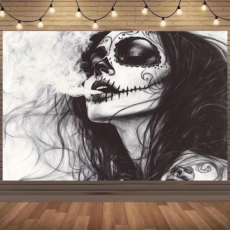 2D Day of the Dead Tapestry Sugar Skull Lady with Smoke Art Background Cloth