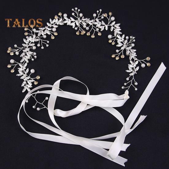 Women Retro Rhinestones Flower Leaf Headband Faux Pearl Ribbon Bow Hairband Bridal Wedding Hair Accessories