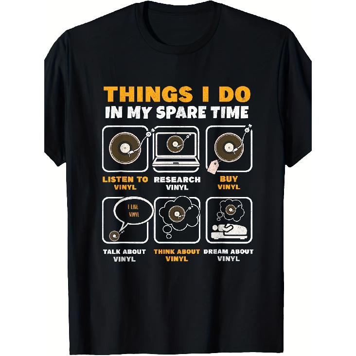 Men s and Women s DJ LP Collector Vinyl Record T-Shirt - Cotton Retro Music T-Shirt with DJ Turntable and Vinyl Player Prints, LP EP Track List S чёрный