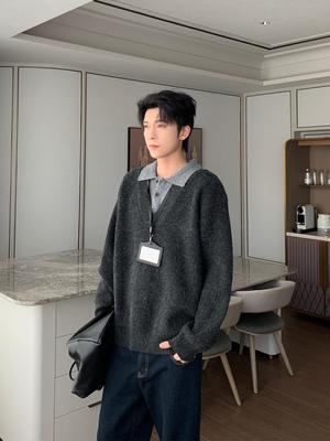 Men's Korean Style Fake Two-Piece Knit Sweater - High-End, Stylish, Loose Fit for Spring/Autumn 2025