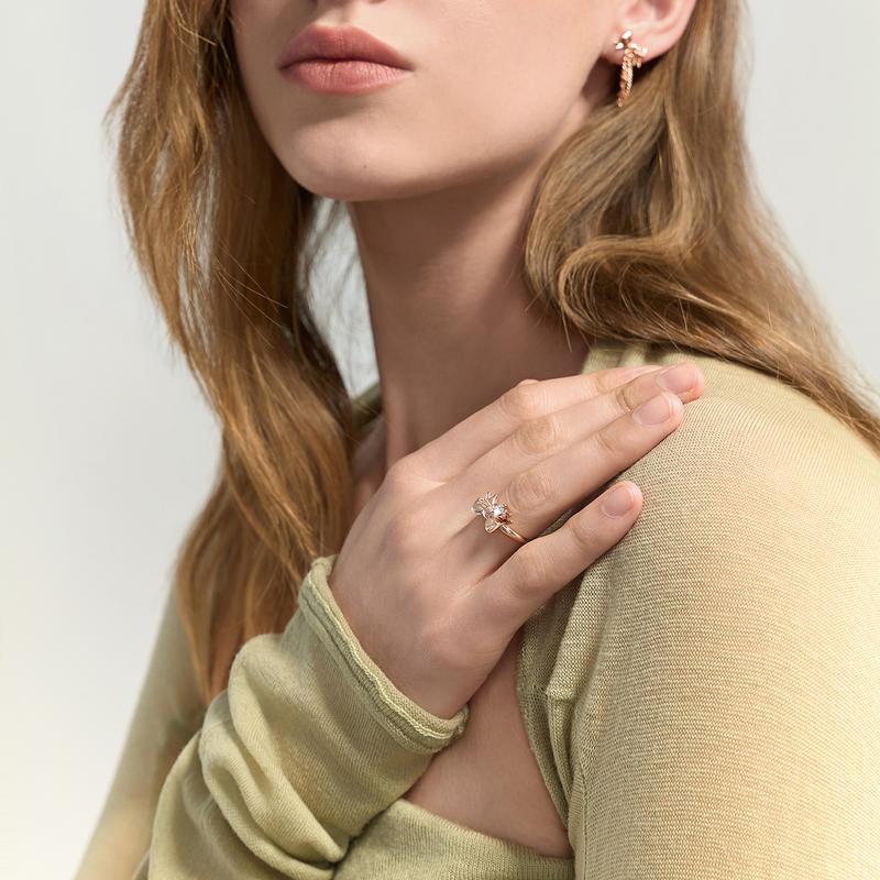 CHARLES&KEITH Xiaock 26 Summer Bow Series Diamond Pendant Crystal Brass Ring Women's Pink/Rose Gold 45386990 CK5-32120473-Rose GoldM