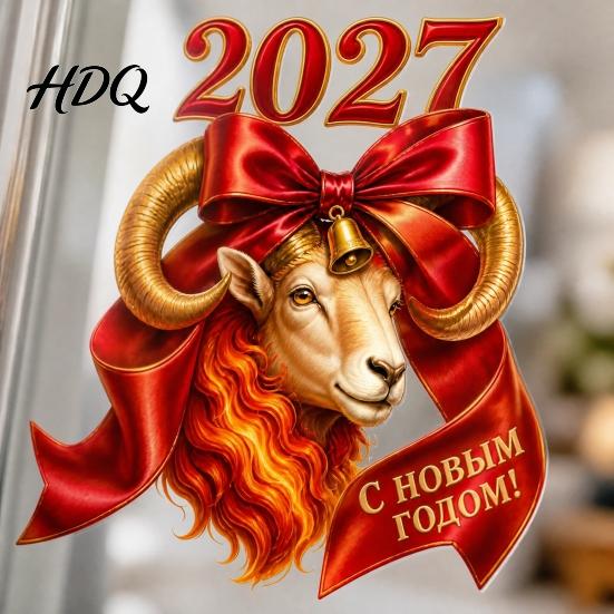 Clear Pattern Window Decors 2027 Year of Goat Cling Static Decal with Red Bow Chinese Flexible Shape Stickers New Glass Sticker