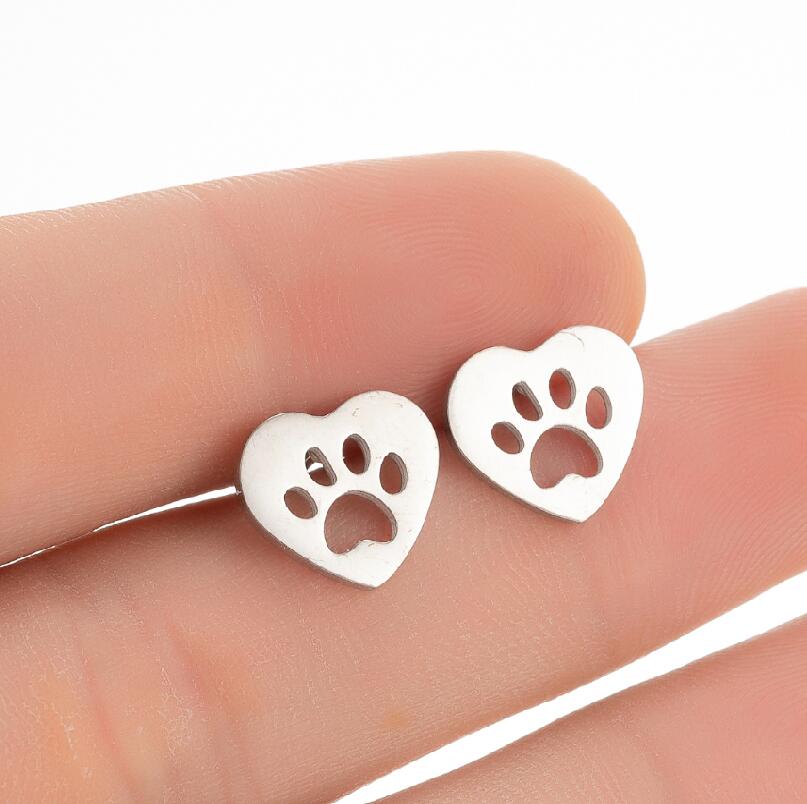 Cute Pet Dog Paw Print Stud Earrings Mini Golden Color Sweet Stainless Steel Ear Studs For Women Girls Fashion Zircon Gifts