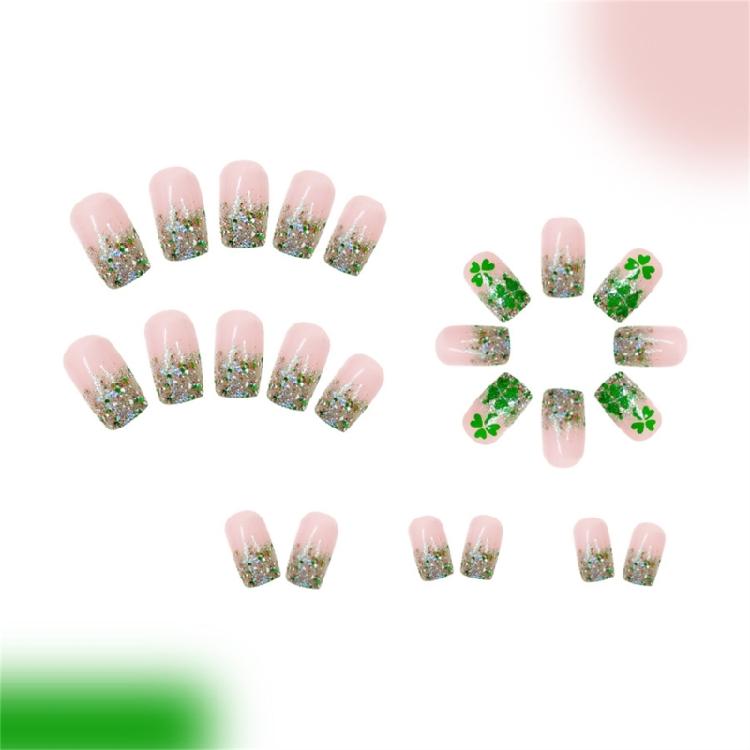 24 Pcs French Tip Press On Nail Short Square Stick on Nail Glittering Artificial Nail Saint Patricks Day False Nail