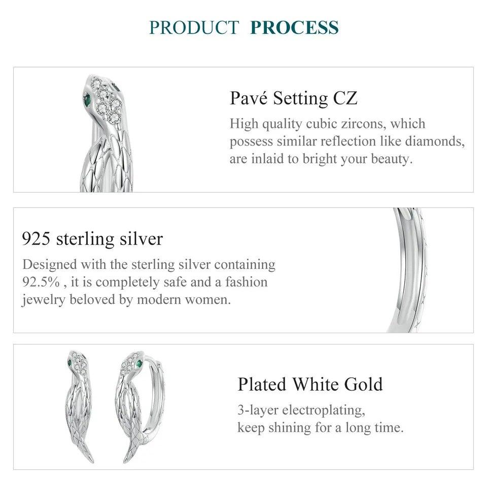 Bamoer 925 Sterling Silver Snake Hoop Earrings for Women Green Zircon Eyes Lightweight Ear Buckles Statement Fine Jewelry