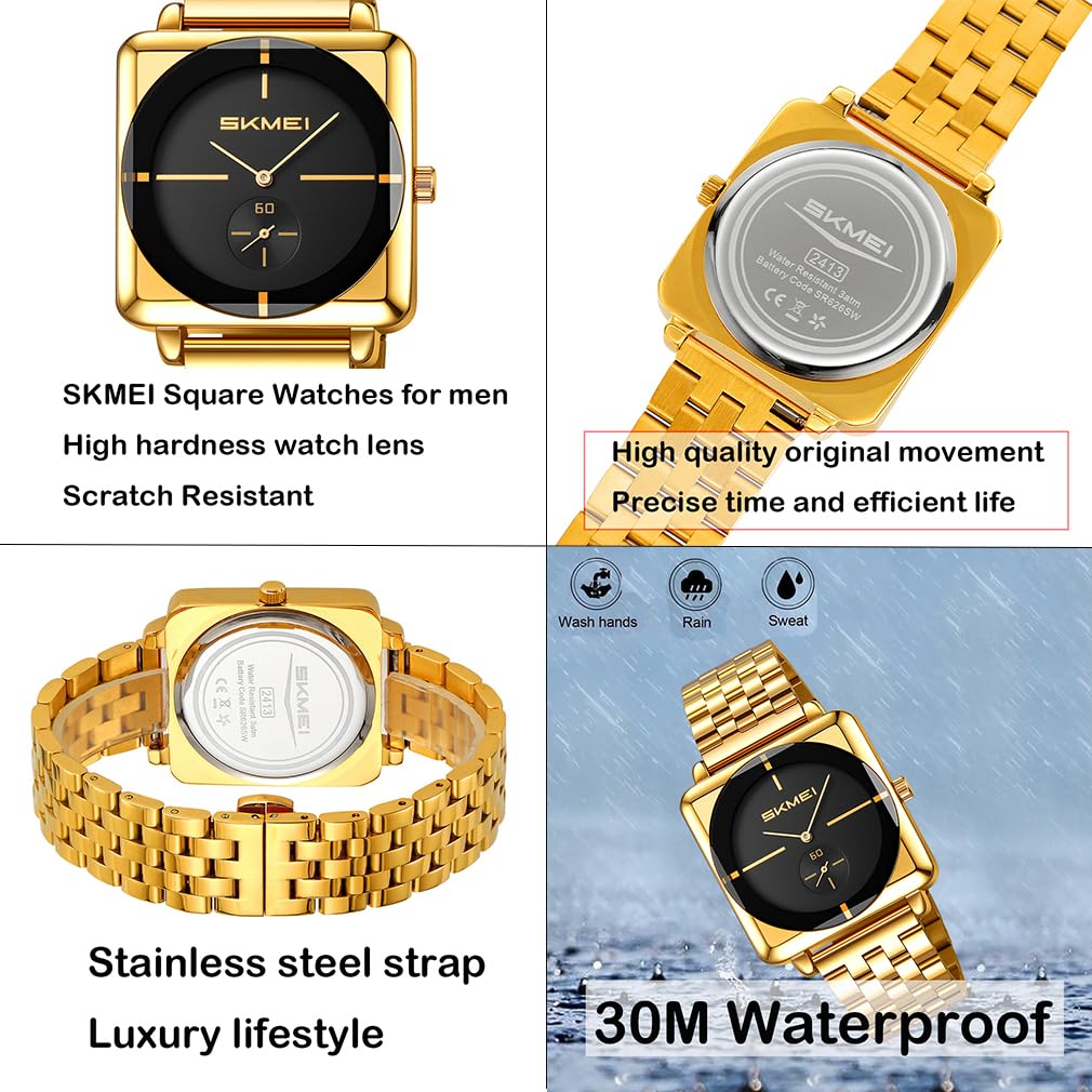 SKMEI Square Watch for Stainless Watch for Men Men, Simple, Stylish, Steel, Wristwatch, Gentleman, Waterproof, Analog, Business, Casual, Men's Watch,