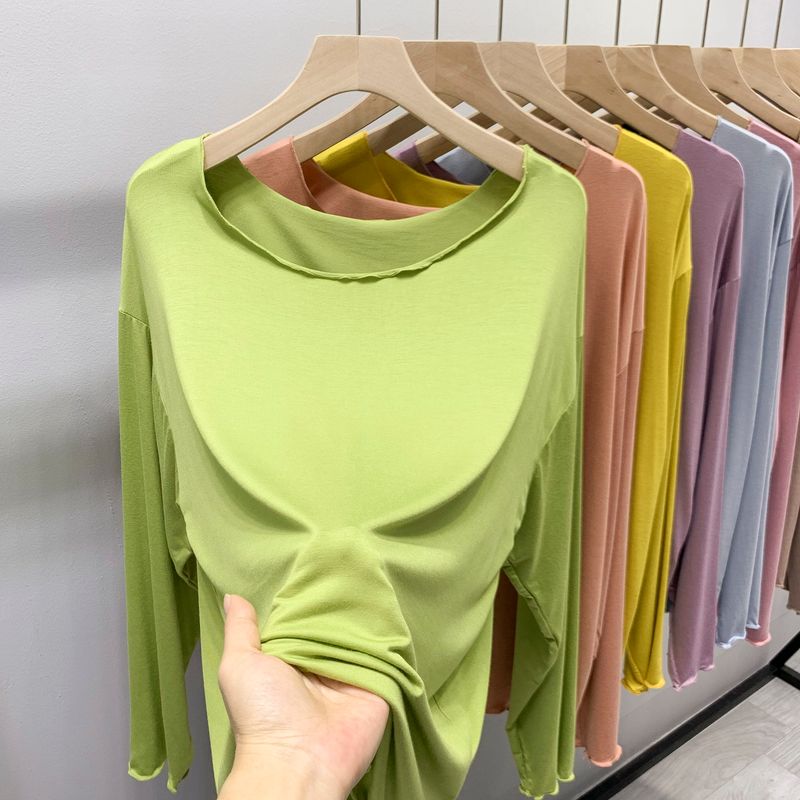 

Undershirt Women s Spring/Summer Thin Modal Cotton Sun Protection Long Sleeve T-shirt Loose Inner Match Slimming Ice Silk Lace-Collared Blouse Fruit Green XL (65.00 kg-75.00 kg recommended