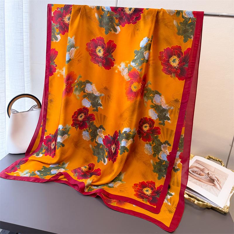 

Spring And Summer Thin Print Simulation Silk Brocade Sunscreen Gold Bottom Peony Silk Scarf Long Scarf Shawl Versatile Headscarf Scarf 180*80cm