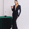 Long Sleeve Ruched Sexy Maxi Dress For Women Gown Fashion Skew Collar Draped Thigh High Split Club Long Dress