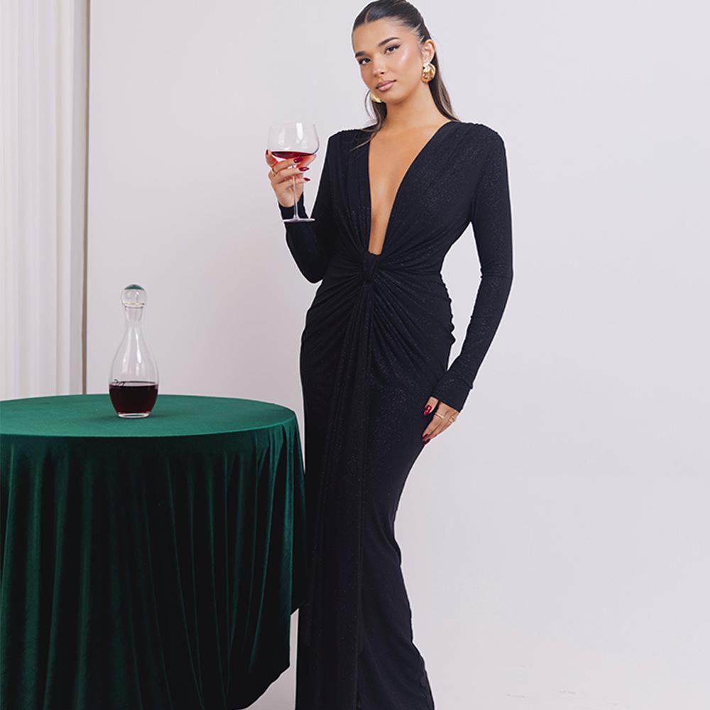 Long Sleeve Ruched Sexy Maxi Dress For Women Gown Fashion Skew Collar Draped Thigh High Split Club Long Dress