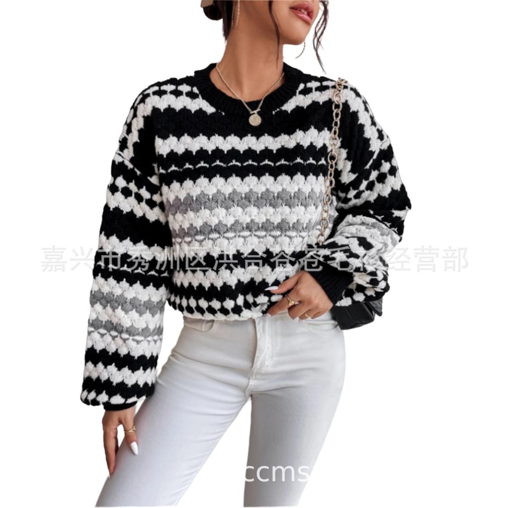 Autumn/winter new cross-border black-and-white striped color-block knit sweater, loose versatile pullover, mid-length lazy sweater for women