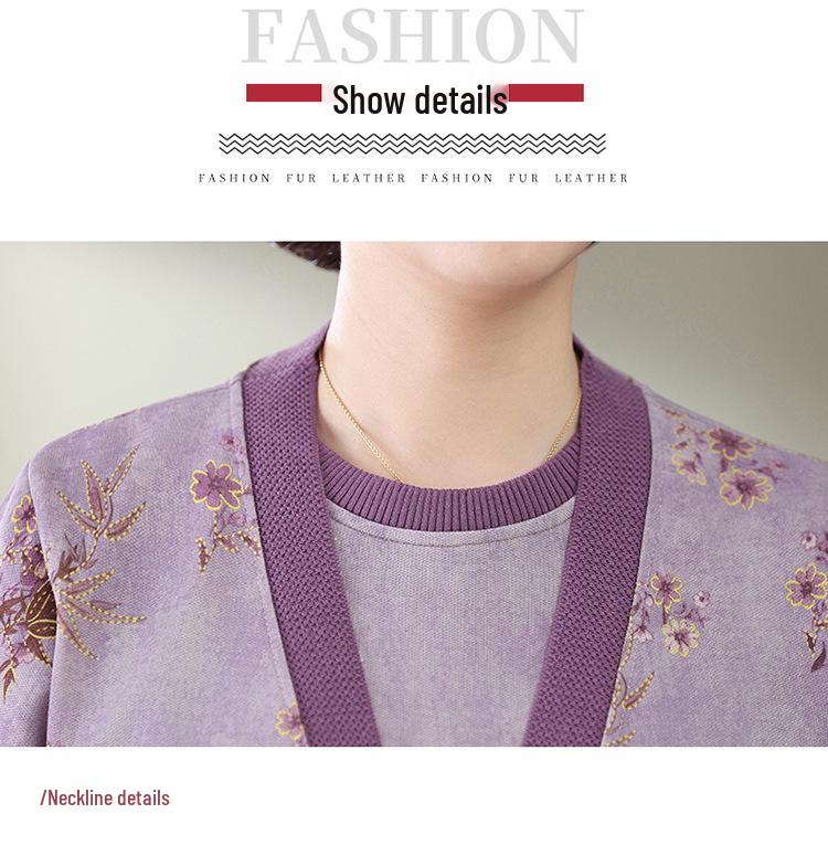Elderly Women's Spring Knit Cardigan Two-Piece Set - Belly Covering Lightweight Jacket