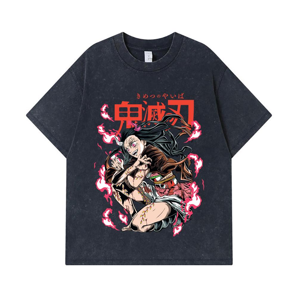 275 GSM Washed T-shirts 100% Cotton Demon Slayer V71 Nezuko Demon Print Unisex Heavy Cotton T Shirt