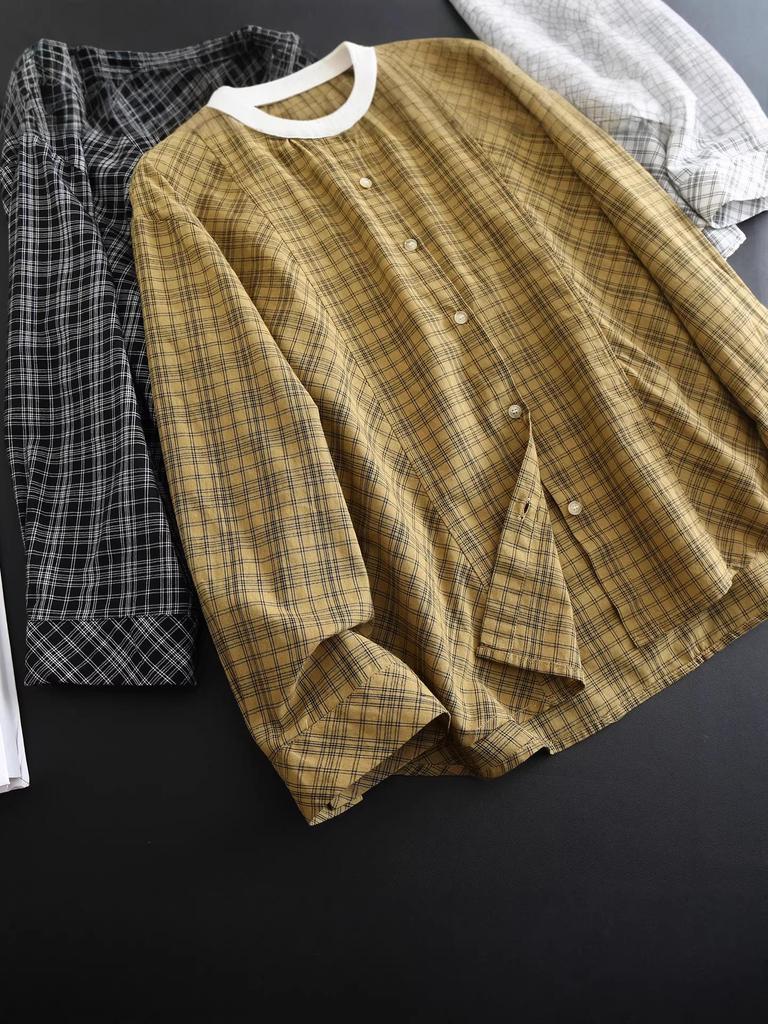 Women's Plaid Cotton Long-Sleeve Top - Slimming & Age-Reducing, Spring/Autumn Collection 2026