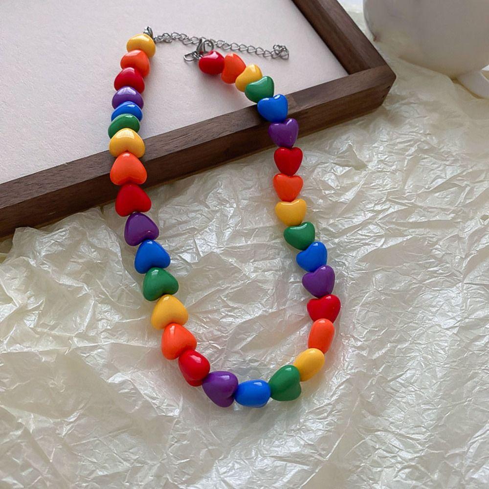 Acrylic Love Rainbow Necklace Adjustable Heart Beaded Necklace Collarbone Chain  For Couples