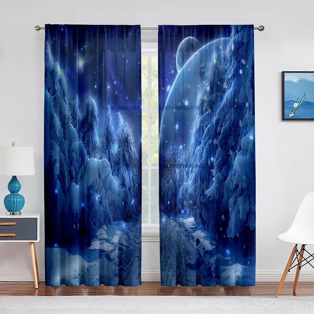 Winterwald-Berglandschaft mit schneebedeckten Bäumen, transparente Voile-Vorhänge für Wohnzimmer, Schlafzimmer, Tüllvorhänge, Fensterbehandlungen