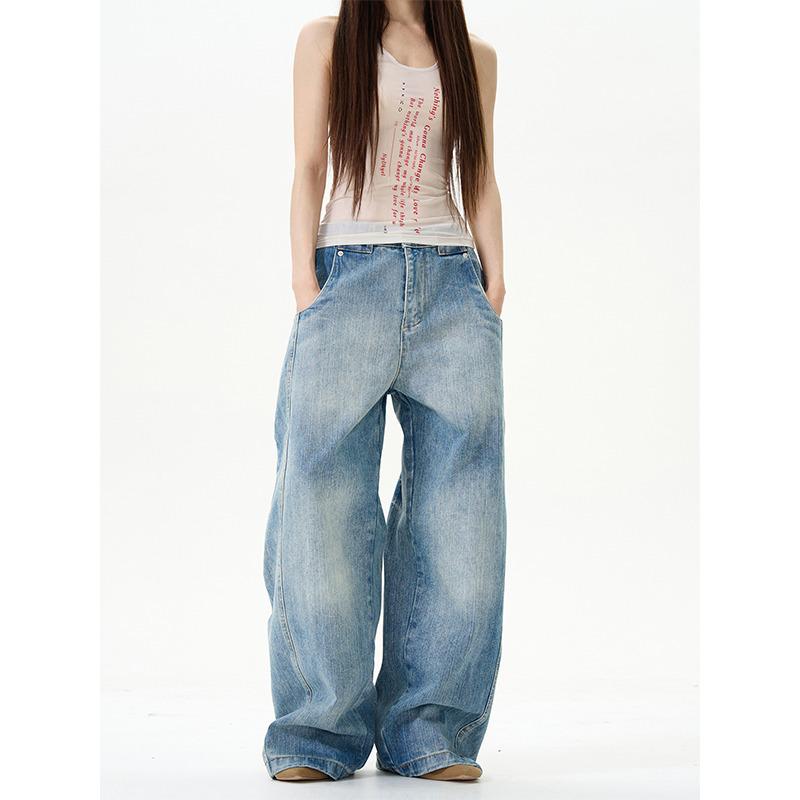 Unisex American Retro Bamboo Texture Curved Leg Denim Jeans 2XL