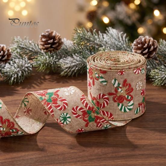 Burlap Christmas Ribbon 1 Roll Ribbon, Faux Linen Wired with Snowman Farmhouse Tree Decor Truck Floral Print, Gift Wrapping Craft Supply for