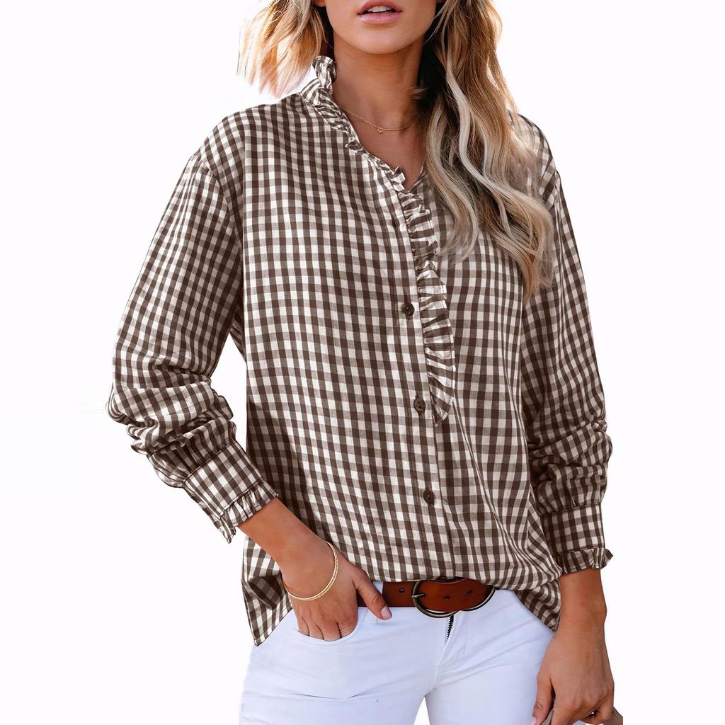 Women's Casual Fashion Plaid Ruffled Loose V-neck Shirt