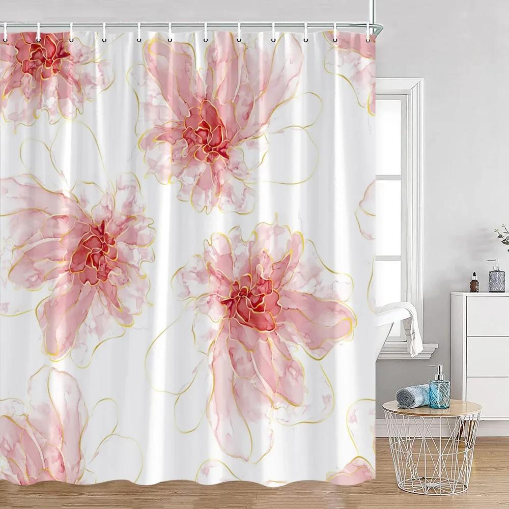Simple Style Flower and Leaf Shower Curtain Golden Line Abstract Bathroom Decoration Modern Polyester Fabric Shower Curtain