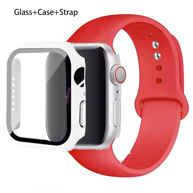 

Glass+Case+Strap For Apple Watch band 46mm 45mm 44mm 41mm 40 38mm Silicone watchband bracelet iWatch series 10 9 8 7 6 5 4 3 SE 46mm series 10 красный